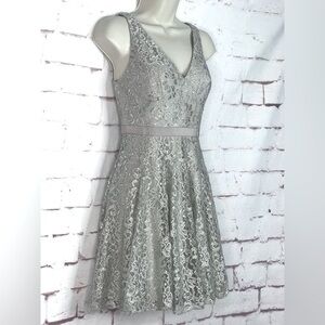 ADRIANNA PAPELL Silver Lace Overlay Fit & Flare Minidress Size 4 PETITE